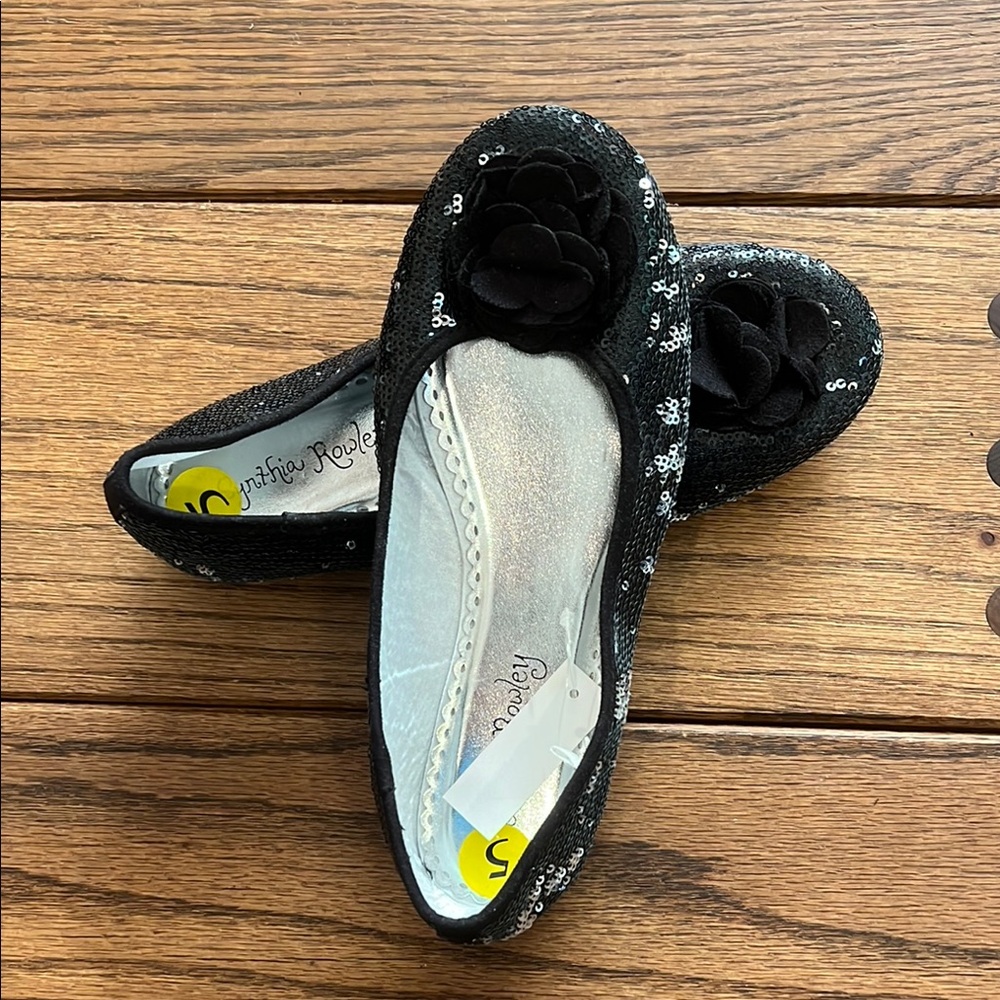 Cynthia Rowley Black Sequin Flats with Floral Detail